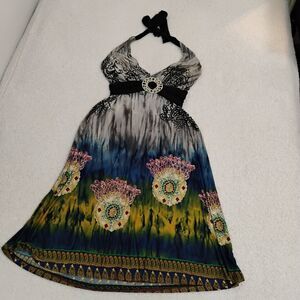 Y2K Art Deco Halter Top MIDI Dress Medallion Colorful Fun Flowy Airy Size Large